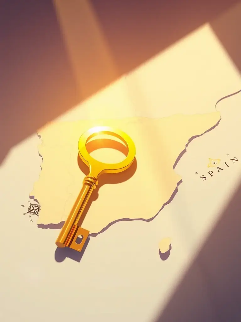 A visually appealing cover for a guide titled "Golden Visa Opportunities in Spain: Your Path to Residency", showcasing a golden key and a map of Spain.