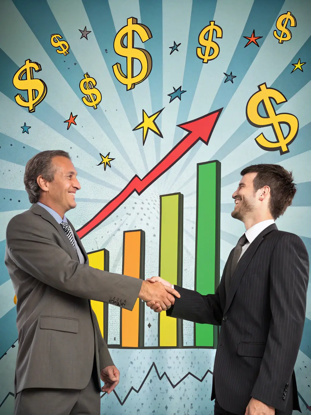 An attractive cover for a guide titled "Negotiating Property Prices in Spain: Insider Tips and Strategies", showing a handshake and a graph trending upwards.